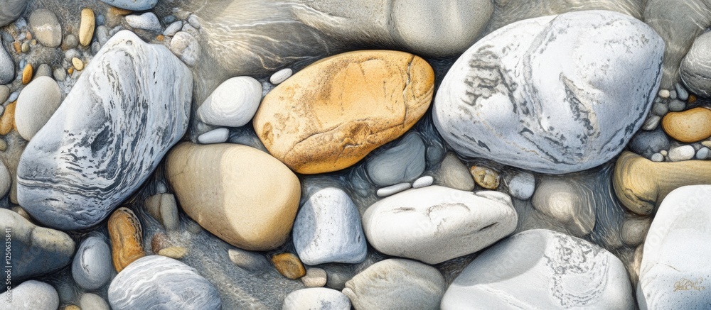 Aufkleber coastal beach stones and colorful pebbles scattered on sandy shore creating a natural textured backg