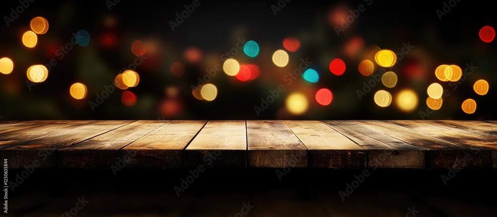 Poster Rustic wooden table with blurred bokeh Christmas lights background creating perfect empty space for seasonal text or product display