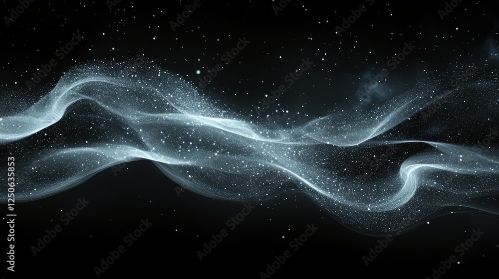 Poster the tranquil effect of dust particles gently floating in the air, softly illuminated on a black back