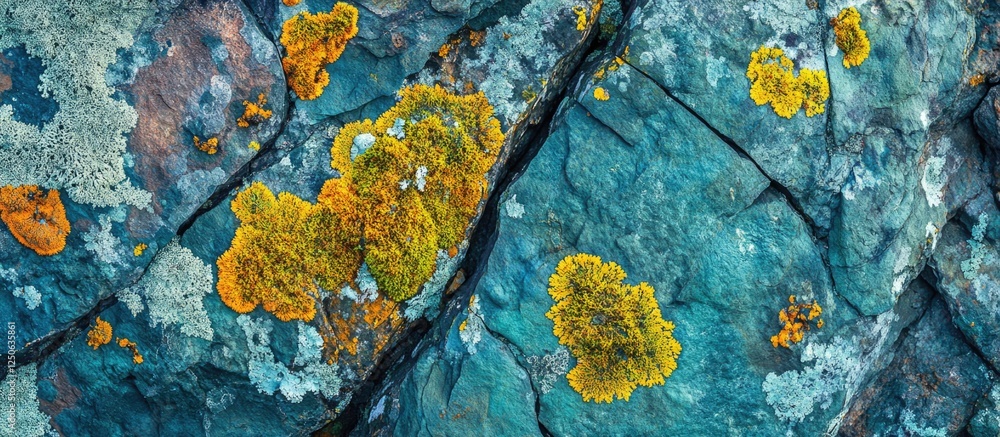 Aufkleber Vibrant rock lichen and moss texture close-up showcasing natural patterns and colors ideal for design backgrounds and abstract artwork.
