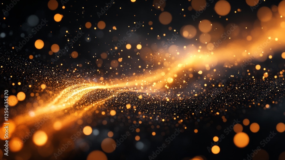 Poster the tranquil effect of dust particles gently floating in the air, softly illuminated on a black back