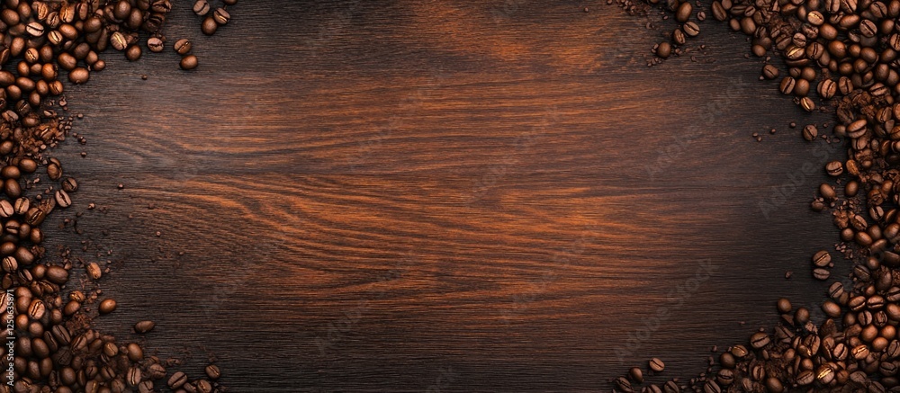 Aufkleber Roasted coffee beans arranged on a rustic wooden background creating a warm and inviting frame for various creative projects.