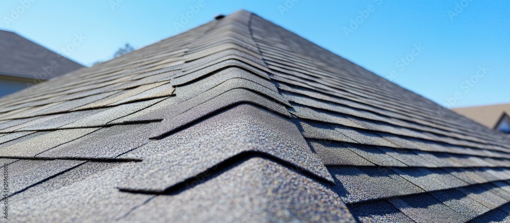 Poster roof tiles on a sloped roof showcasing overlapping design and texture against a clear blue sky backg