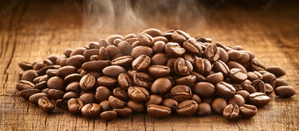 Poster roasted coffee beans artfully arranged on a rustic wooden background with aromatic steam creating a 