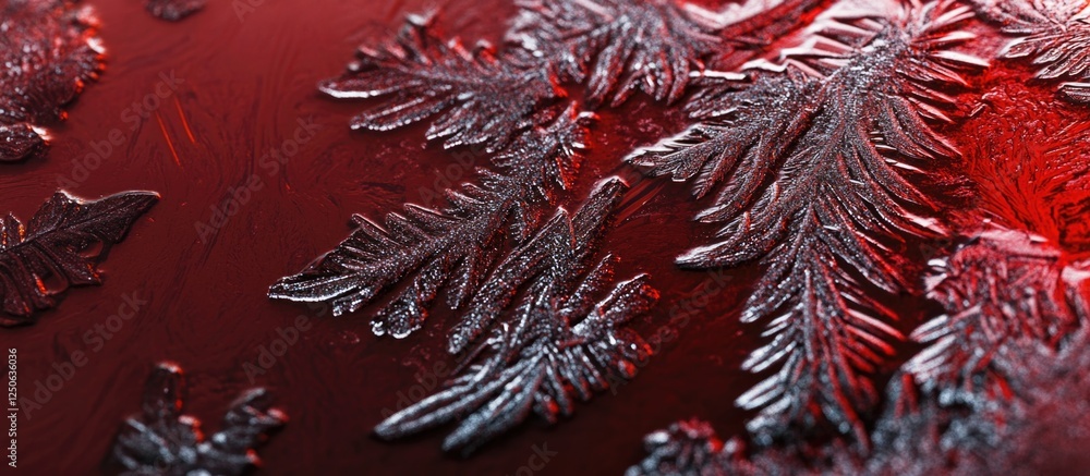 Poster Frosty metallic surface with intricate red patterns showcasing a blend of cold and warmth in a unique artistic display.