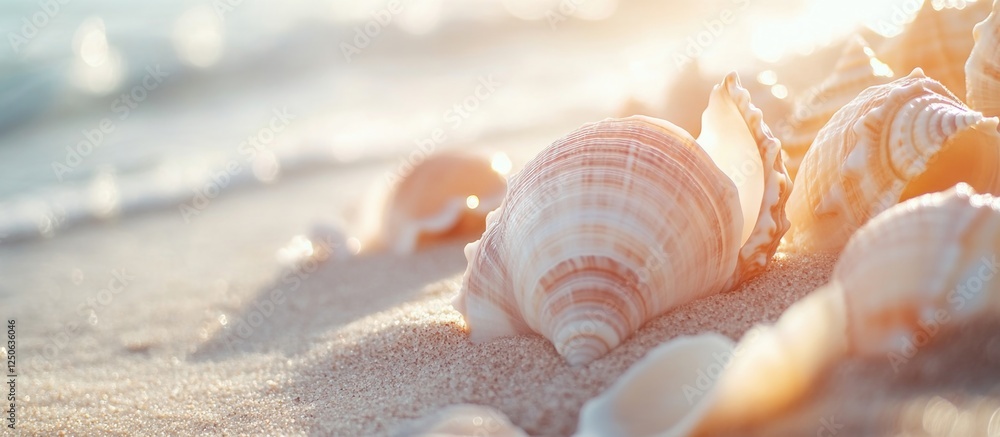 Aufkleber Natural beach scene featuring a variety of sea shells and soft waves creating a serene coastal background and texture.