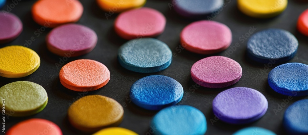 Poster colorful macro dots arranged in patterns showcasing tilt-shift effect and fading for artistic and de