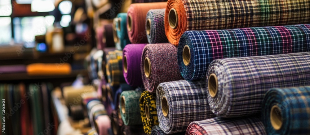 Poster colorful rolls of checkered fabric stacked in a tailor's shop showcasing diverse patterns and textur