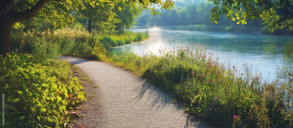 Poster Serene riverside path surrounded by greenery and illuminated by soft morning light