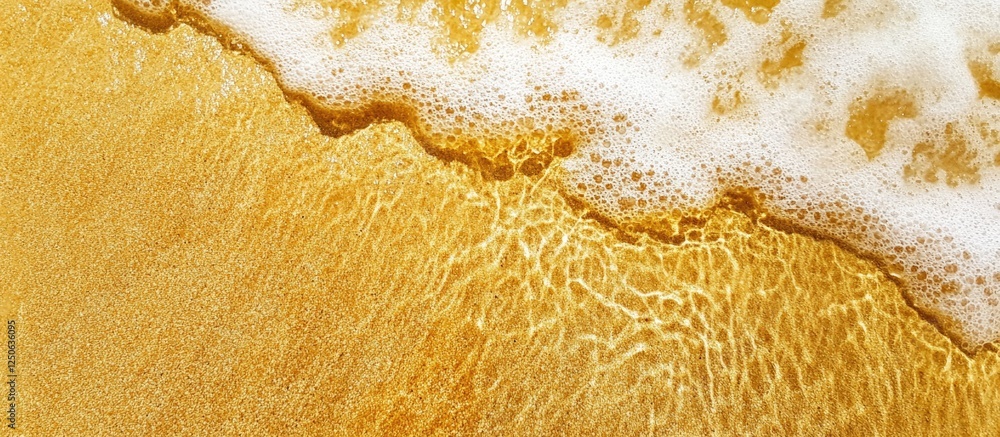 Poster golden beach sand texture with sea water splash creating ripples in the background.