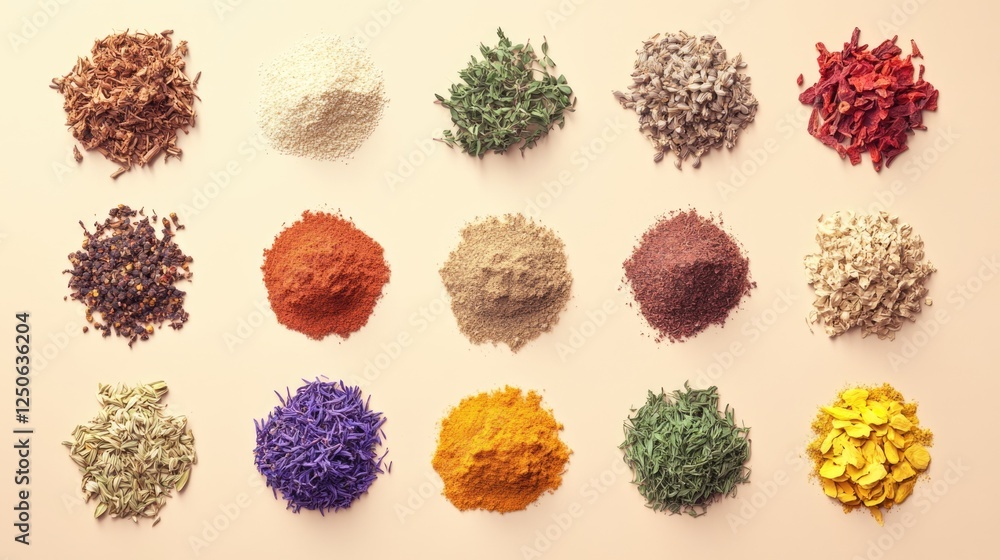 Poster diverse array of premium spices and herbs featuring colorful varieties for culinary and aromatic use