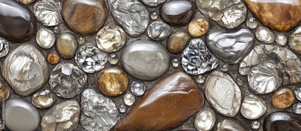 Aufkleber Natural river stones texture with round stones in various colors creating a seamless wall pattern for backgrounds and design projects