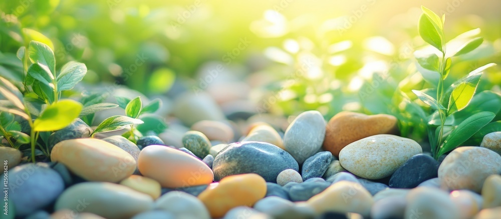 Poster springtime stones surrounded by fresh greenery with soft focus depth of field natural landscape scen