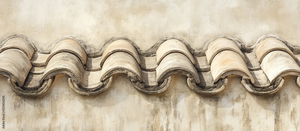 Poster terracotta roof tiles on beige background showcasing weathered curves and texture of architectural d