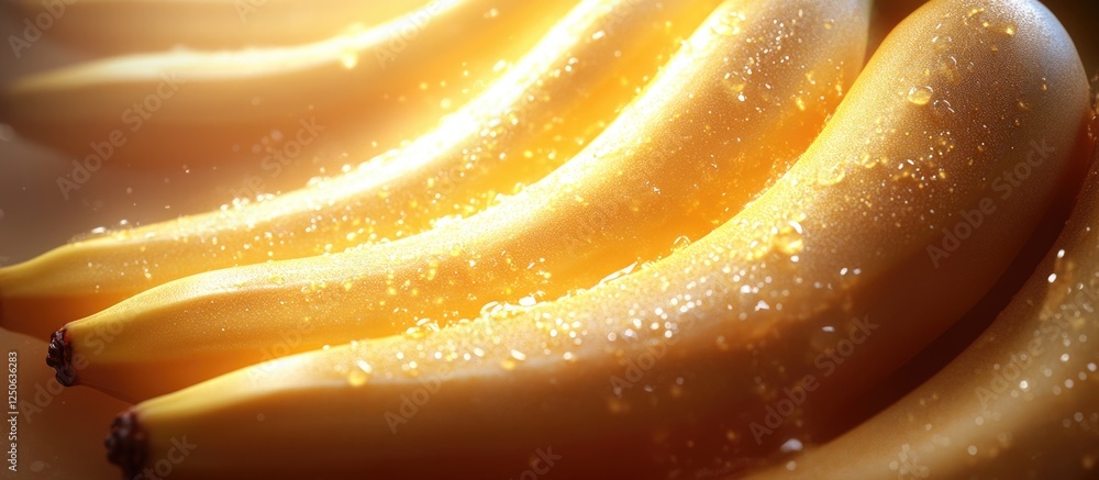 Poster Ripe bananas arranged on a surface with warm lighting creating a vibrant and inviting background for culinary themes