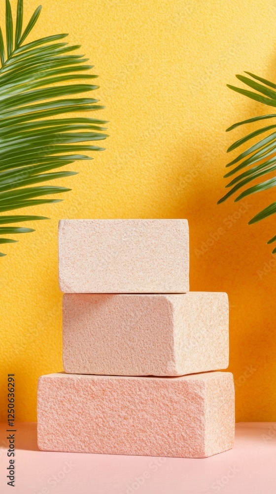 Poster modern vibrant event planning textured pink blocks on yellow backdrop with palm leaves - visual cont