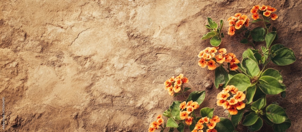 Poster Scenic top view of vibrant Lantana flowers against a textured arid backdrop with ample negative space for customizable text areas