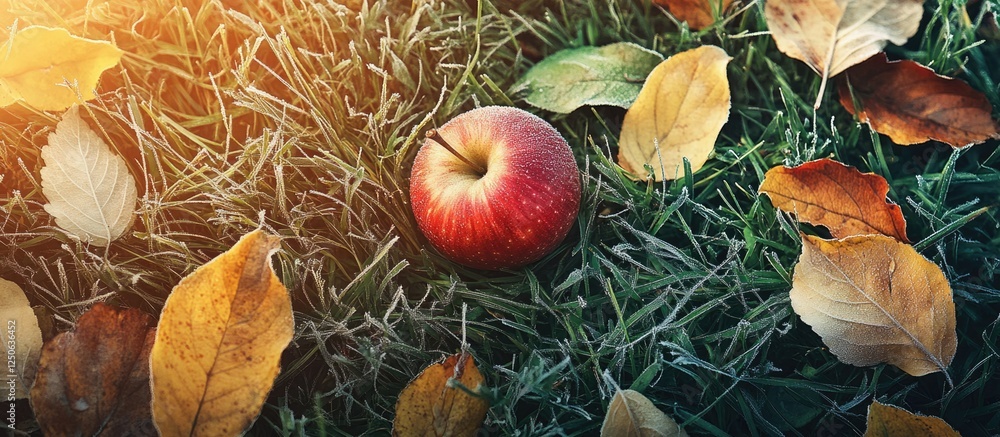 Poster red apple resting on frosty grass surrounded by colorful autumn leaves in a serene garden setting vi