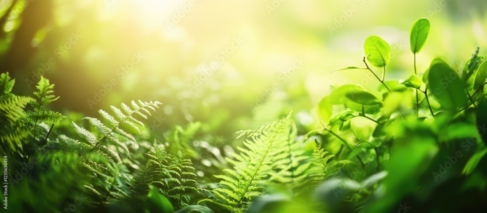 Poster Lush green vegetation with sunlight creating a serene atmosphere for various creative projects and nature-focused themes.