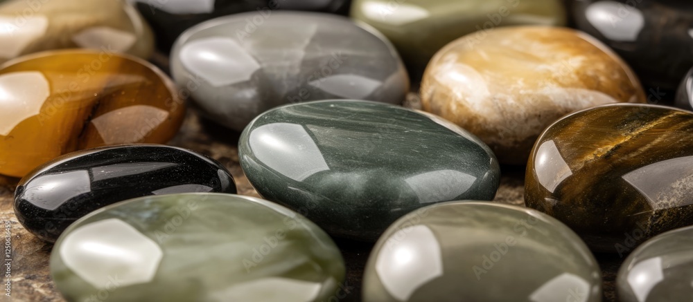 Poster polished river stones in various colors and textures creating a natural textured background for desi