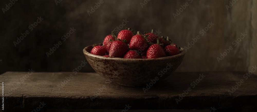 Poster Ripe strawberries in a ceramic bowl on a rustic wooden table with dark tones and ample space for text or branding placement.