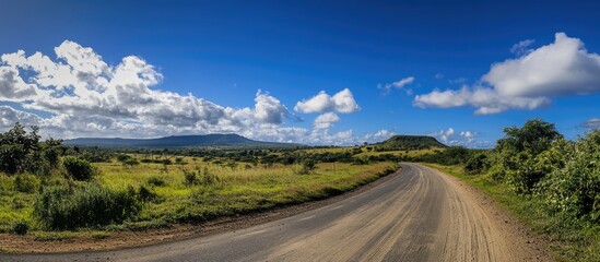 Scenic landscape of a winding road under a picturesque sky with clouds and lush green hills in the background