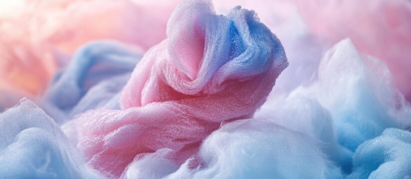 Cooking cotton candy in a candy machine showcasing vibrant pink and blue wisps of sugar creating a delightful treat in soft focus.