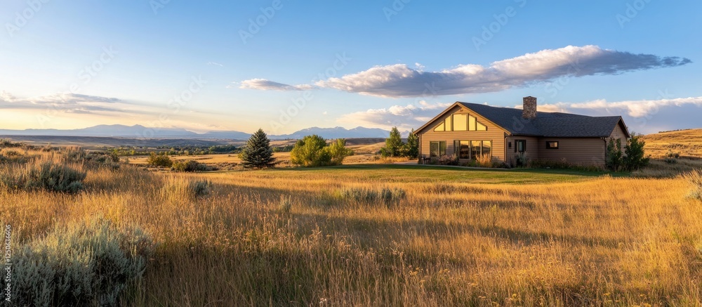 Poster charming prairie home under a scenic sky with golden grass and distant mountains illuminated by the 