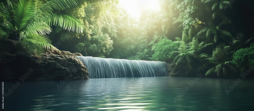 Aufkleber Serene rainforest landscape featuring a tranquil river and waterfall with ample empty space for text overlay.