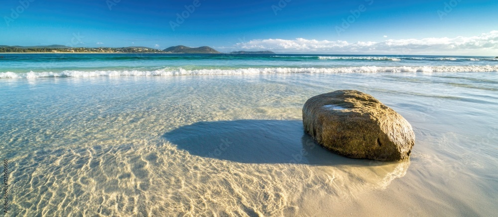 Aufkleber serene beach scene with sunlit rock partially submerged in clear water under a bright blue sky and g