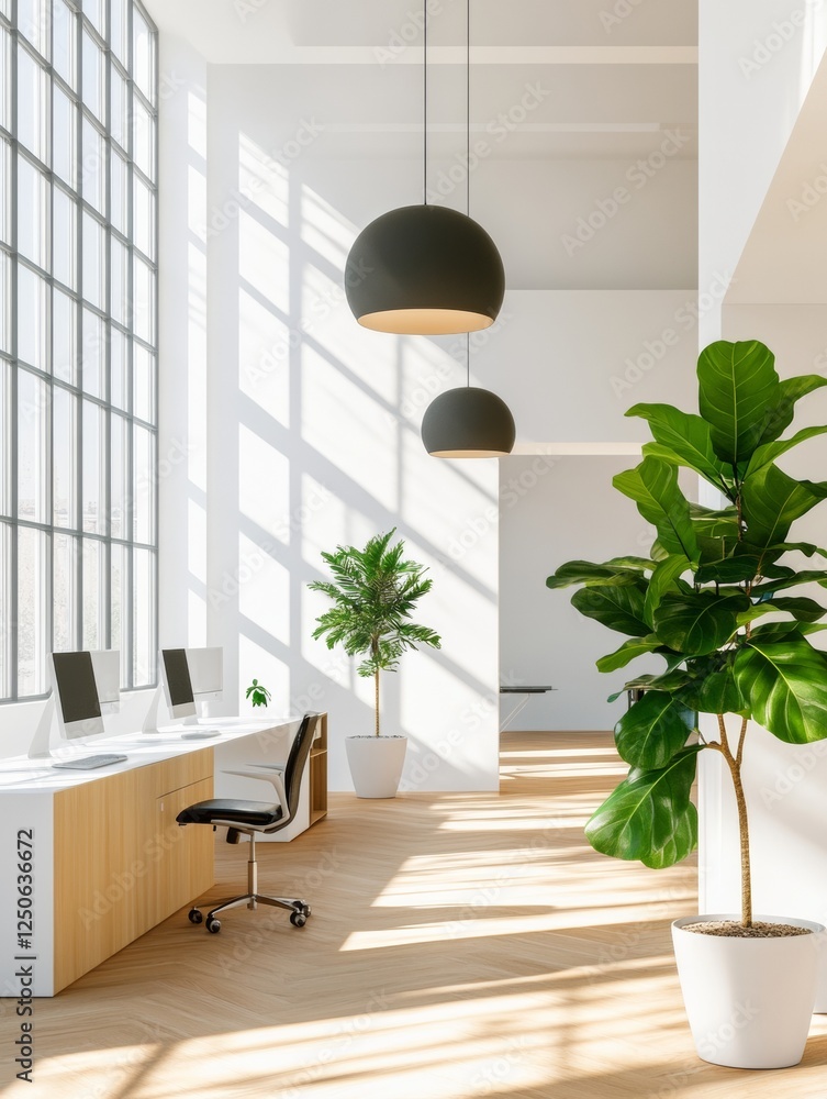 Poster minimalist open-plan workspace with ergonomic workstations and pendant lighting - modern office desi