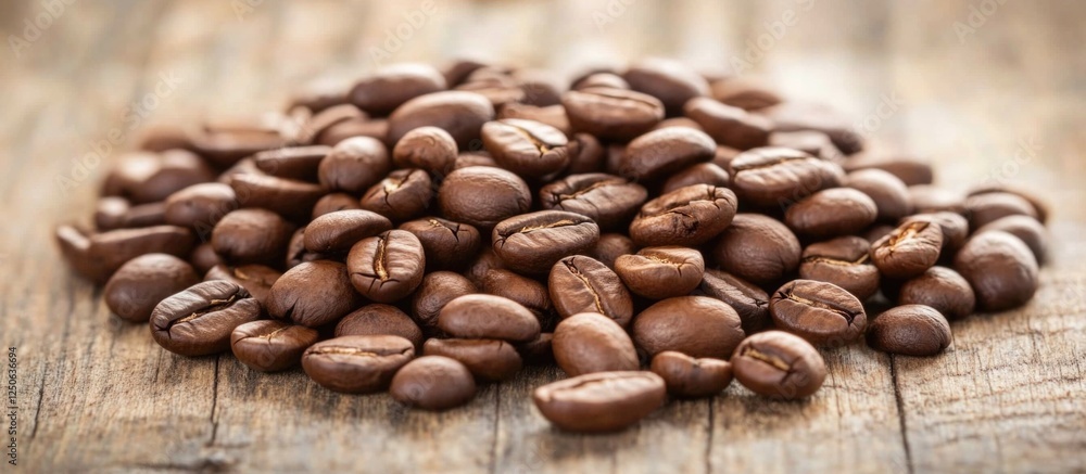Aufkleber roasted coffee beans resting on a rustic wooden table showcasing their rich color and texture in a n