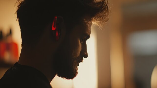 Male hairstylist in profile using red razor for haircut with softly blurred salon background showcasing a creative grooming atmosphere