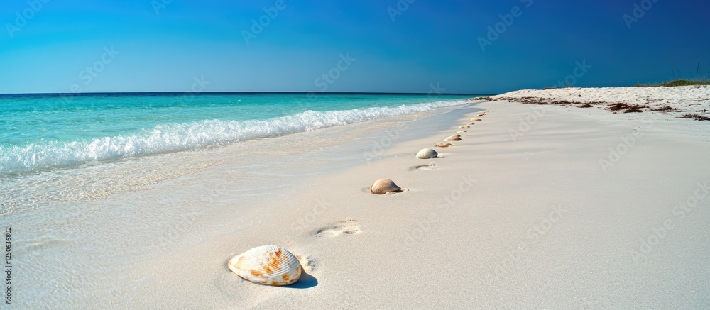 Poster tranquil sandy beach with clear blue water and shell imprints on pristine shore under a clear sky sh