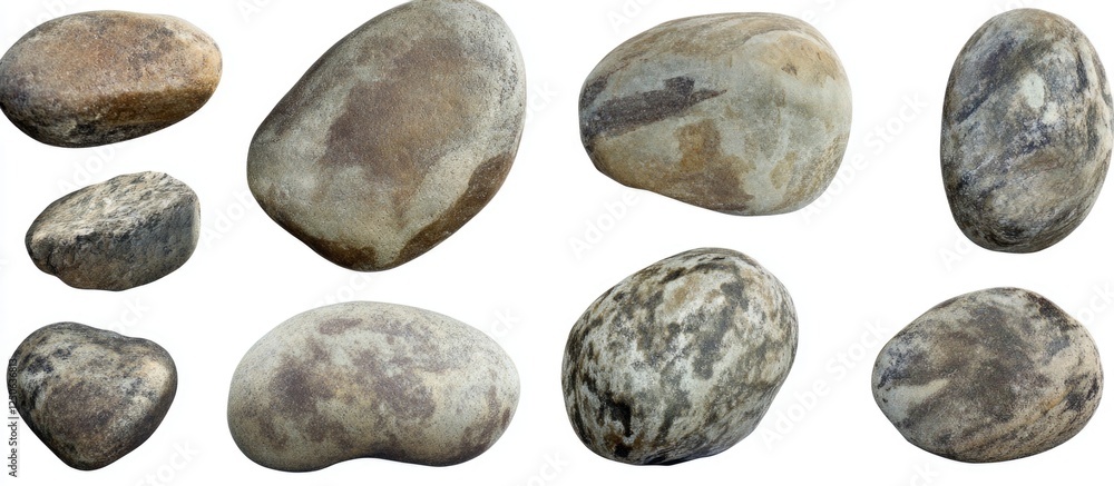 Poster variety of isolated rocks on a white background showcasing natural textures and shapes for artistic 