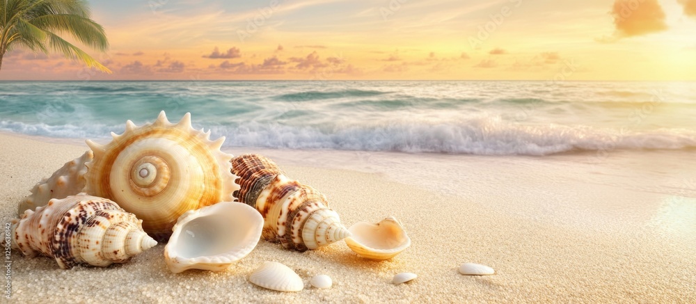 Poster Seashells on sandy beach with gentle waves and sunset in the background creating a tranquil coastal scene perfect for relaxation themes.
