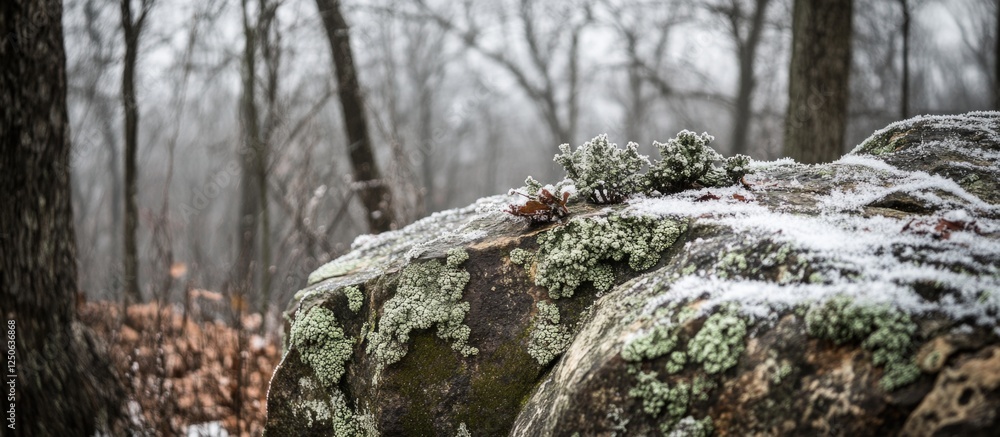 Aufkleber Rock Tripe Lichen on Rocky Surface in Wintery Forest Setting with Snow and Bare Trees in Background