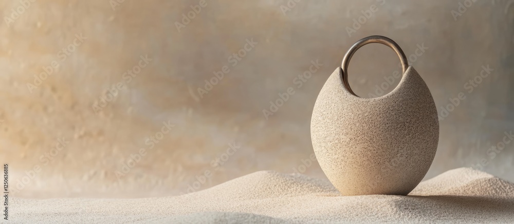 Poster sculptural beige ceramic vase with metal ring on sandy background artistic minimalistic design with 