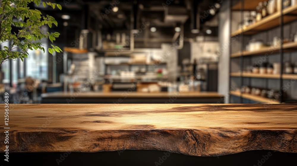 Poster Rustic wooden table showcasing blurred modern kitchen backdrop with ample space for product placement and interior design concepts.