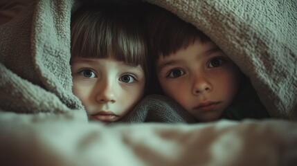 Emotional children nestled under a blanket conveying feelings of sadness and vulnerability in a cozy indoor setting.