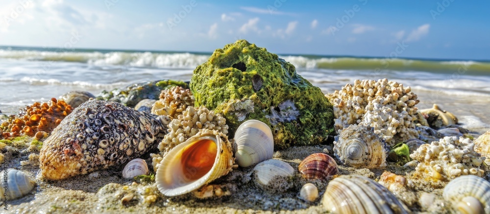 Poster rocks on a beach adorned with green lichen barnacles and various seashells under a bright blue sky a