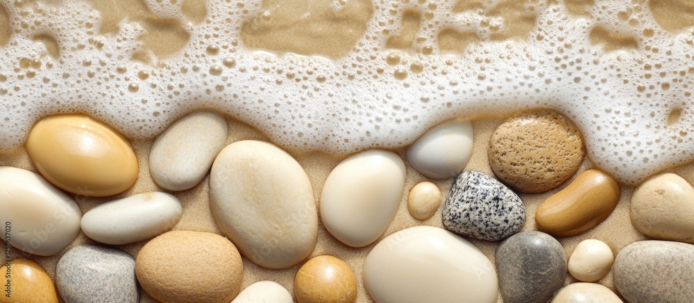 Poster Smooth sea pebbles on sandy beach with gentle waves and foam creating a tranquil coastal scene alive with natural texture and colors
