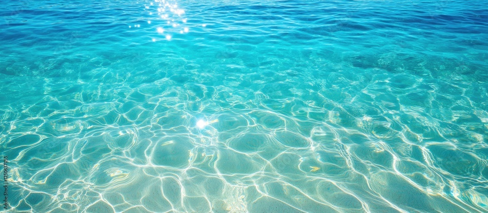 Aufkleber Aerial view of clear turquoise ocean water with shimmering sunlight and intricate wave patterns for nature and background aesthetics.