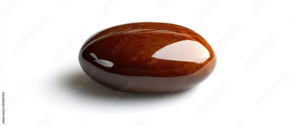 Poster close-up of a shiny roasted coffee bean isolated on a clean white background showcasing its smooth, 