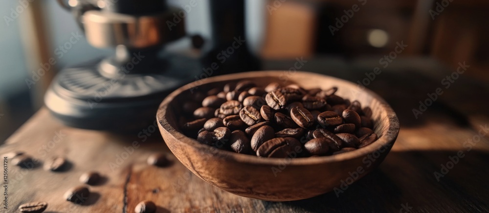 Poster roasted coffee beans displayed in a rustic wooden bowl on a textured table setting with a vintage co
