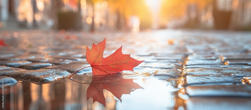 Aufkleber red autumn leaf reflecting in a puddle on a cobblestone sidewalk illuminated by soft sunset light in