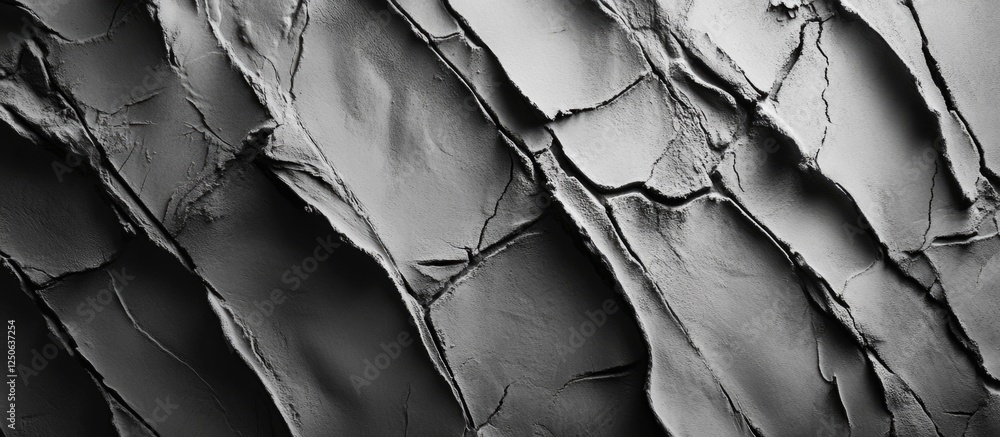 Poster Textured gray plaster surface with scratches and cracks showcasing an abstract design in monochrome tones.