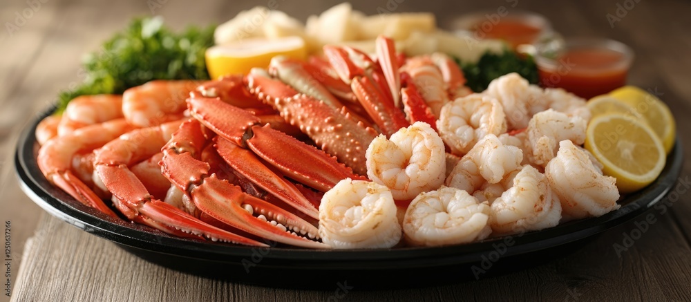 Poster Seafood platter display with crab shrimp and scallops on a wooden table featuring fresh garnishes and space for text insertion