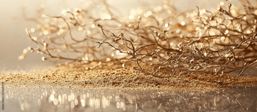 Aufkleber Sawdust and delicate branches arranged on a reflective surface creating an ethereal and natural composition for artistic backgrounds