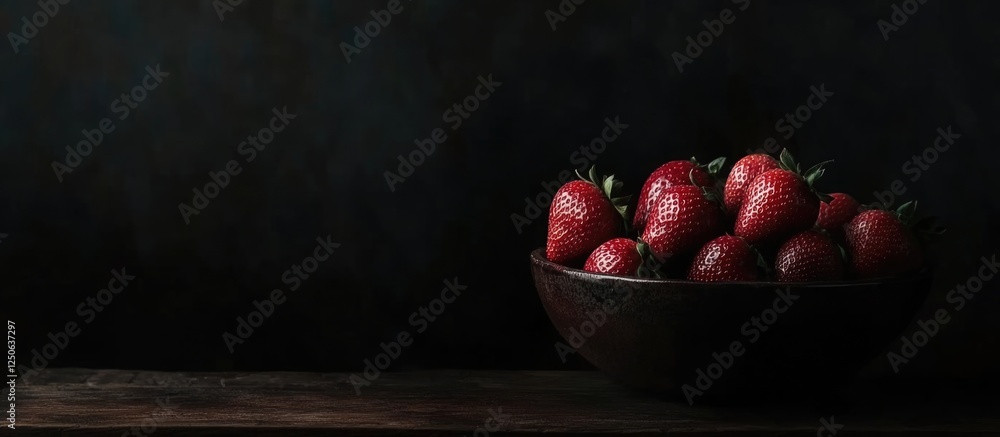 Poster ripe strawberries in a rustic ceramic bowl on a wooden table with dark tones and space for text or b